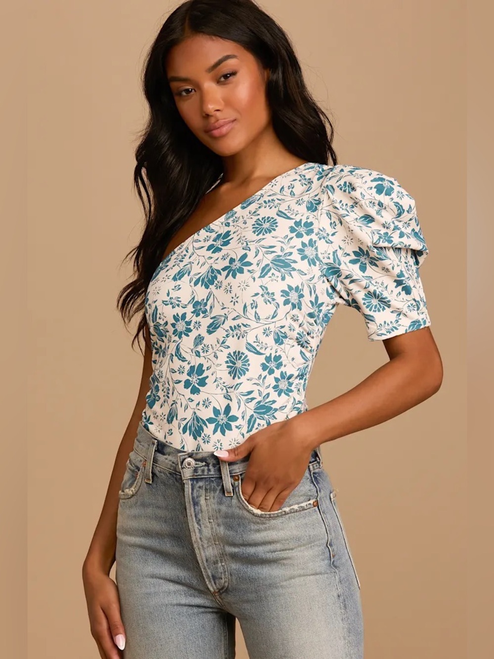 NWT Free People Somethin Bout You Puff Sleeve Bodysuit in Blue Floral